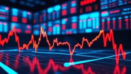 Red line graph showing sound waves, heartbeats, and business data on a medical monitor.