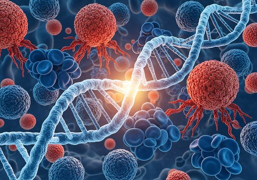 Microscopic view of DNA helix interacting with various biological cells science illustration