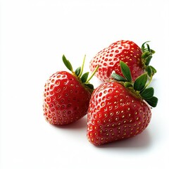 Three fresh, vibrant red strawberries with green leaves, arranged on a plain white background