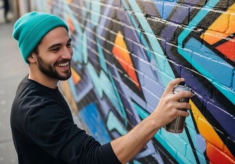 Man in beanie spray painting a colorful graffiti mural on a brick wall