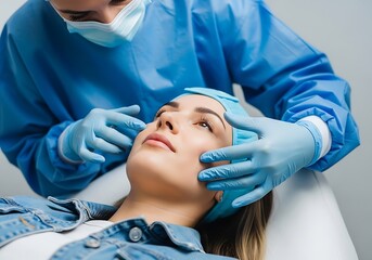 Medical professional's gloved hands examine a patient's face during a consultation