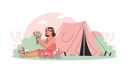 Fototapeta premium Camping With Nature A Young Woman Enjoying Outdoors And Relaxing In The Tent