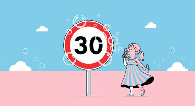 Celebrating Milestone Illustration Girl Blowing Bubbles Near Number Thirty Sign