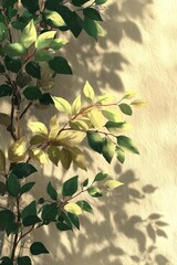 Sunlight filters through vibrant foliage on a light beige wall