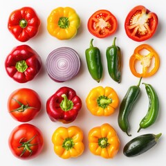 Colorful assortment of fresh vegetables, including peppers, tomatoes, onions, and chili peppers, arranged in a grid pattern on a white background