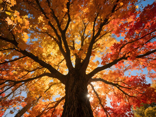 A breathtaking view from beneath a towering autumn maple tree with golden-yellow leaves