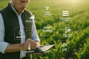 Farmer using a tablet with smart farming data overlayed on a field.