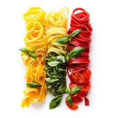 Colorful pasta arranged vertically with basil and cherry tomatoes