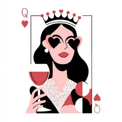 Queen of Hearts with Wine Crown and Heart Shaped Eyes Illustration