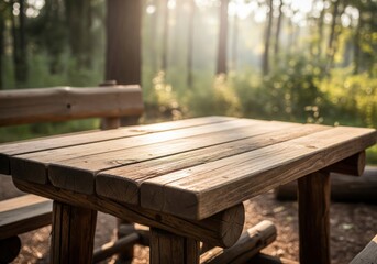 Fototapeta premium Rustic wooden picnic table bathed in warm, golden sunlight within a tranquil forest setting, highlighting natural textures and a serene outdoor atmosphere with beautiful bokeh.