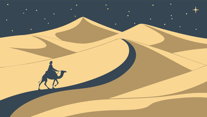 Silhouette of a person riding a camel through the desert under a starry night sky with sand dunes