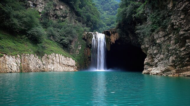 Lush waterfall cascading into a tranquil turquoise lake, framed by dramatic, rocky cliffs and dense foliage