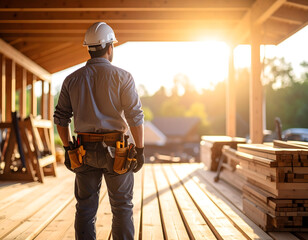 Dedicated builder overlooks new home construction at golden hour from a wooden deck, symbolizing progress and the future of residential development