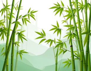 Lush bamboo grove vector illustration with misty mountain backdrop tranquility