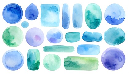Collection of various watercolor shapes in a range of cool tones.