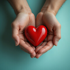 Fototapeta premium Hands cradling a vibrant red heart symbol, representing love, care, and compassion for all.