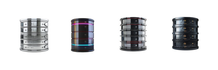 Collection of modern Database and hard disk storage, 3d render side view isolate on transparency background