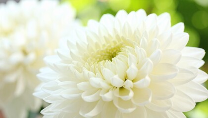 白い菊の重なった花びらをクローズアップで撮影。
背景には柔らかくぼかした緑の葉を配置し、自然の清潔感を演出。