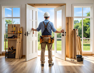 Carpenter Standing in New Home Construction, Open Doors to Bright Future