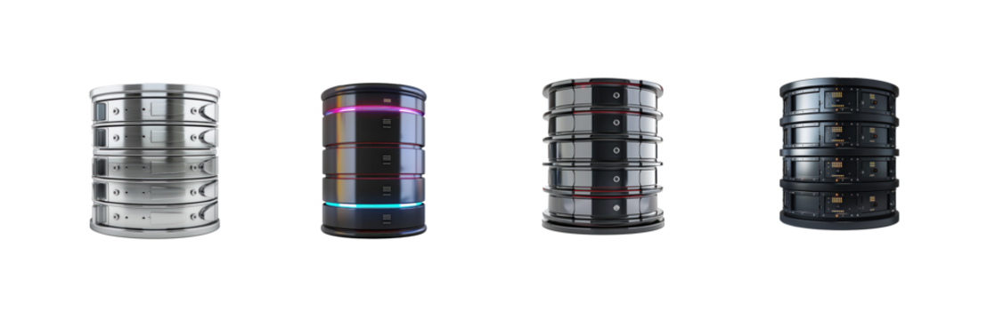 Collection of modern Database and hard disk storage, 3d render side view isolate on transparency background