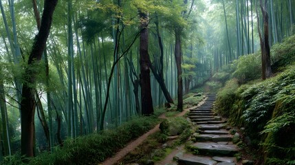 Serene Stone Stairway Winding Through a Lush Green Bamboo Forest Path with Tall Trees in a Mystical, Tranquil Asian Landscape