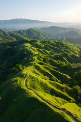 Vibrant Green Rolling Hills Landscape with Winding Hiking Trail and Hazy Distant Mountains at Golden Hour