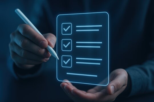 A person holding a holographic checklist.