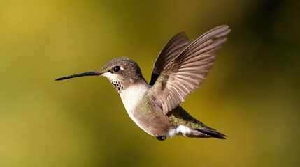 A hummingbird in flight against a soft, out-of-focus background.