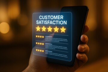 Smartphone displays customer satisfaction ratings.