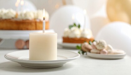 誕生日キャンドルをクローズアップ撮影。
背景にはケーキやバルーンを柔らかくぼかして、温かく清潔感のある雰囲気を演出。