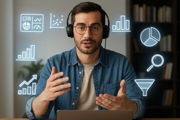 Man in headphones presenting data visualizations during a virtual meeting.