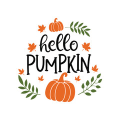 Hello pumpkin colorful quote lettering vector flat cartoon illustration. Fall season elements. Calligraphy and typography