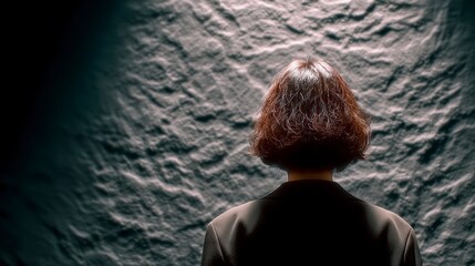 Fototapeta premium Woman in dark suit with short brown hair viewed from behind against textured wall