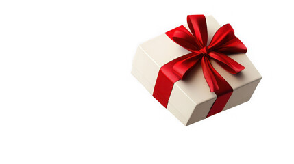 Obraz premium Cream gift box with red satin ribbon bow for celebration on transparent background