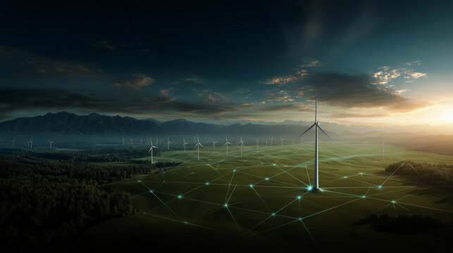 Aerial view of wind turbines in open field at sunset with digital lines symbolizing sustainable energy