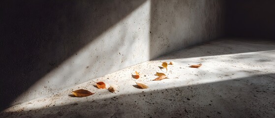 Warm Autumn Sunlight Illuminating Scattered Leaves on a Textured Concrete Floor and Wall with Dynamic Shadows
