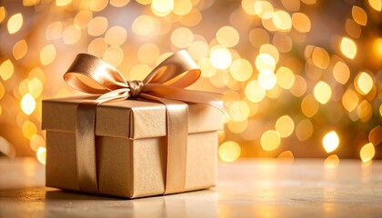 リボンの蝶結びが際立つ誕生日ギフトボックスをクローズアップで撮影。
背景は柔らかくぼかされ、温かみのある祝祭トーンが雰囲気を演出しています。