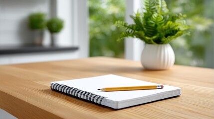 A blank sketchbook and a sharpened pencil on a wooden table, inviting creativity.