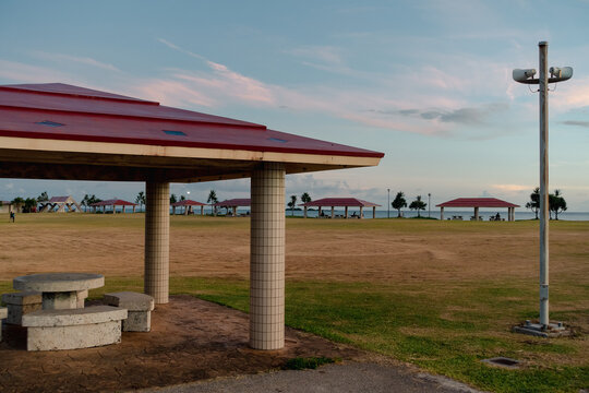 Gazebo on the beach in Okinawa with beautiful sky background at sunset