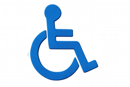 Wheelchair accessibility icon in blue felt texture, signaling universal design and equal mobility support for people with disabilities on transparent backdrop