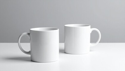 Obraz premium 小さなセラミックカップ2個が、グレーからホワイトに変化するニュートラルなマットグラデーション背景に配置されています。