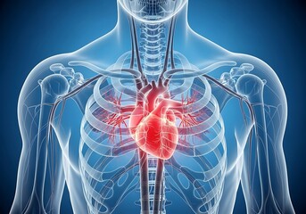 Human torso x ray showing a beating red heart and skeletal structure with blue background