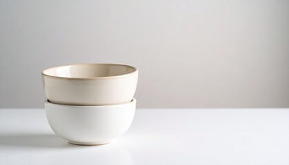 二つの小さな陶器ボウルが重ねられ、アイボリーからライトグレーへ移り変わるマットなグラデーション背景に配置されています。