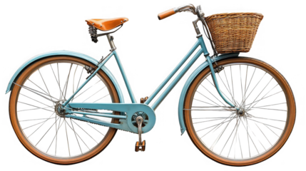 Vintage turquoise bicycle with wicker basket for leisure and transport on transparent background