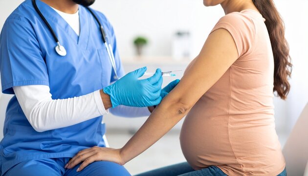 Nurse giving vaccine injection to pregnant woman.