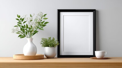 Stylish decor with greenery and an empty frame on a wooden table, creating a serene vibe.