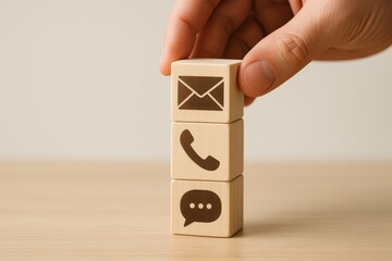 Wooden blocks with communication icons arranged in a stack.