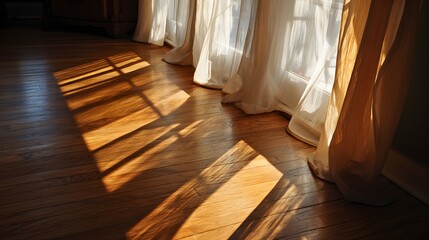 Golden Sunlight Streaming Through Sheer Curtains Casting Abstract Window Shadows on Hardwood Floor