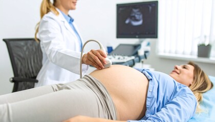 Obraz premium Doctor performing ultrasound on pregnant woman.