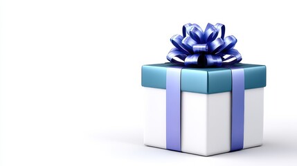Obraz premium Elegant gift box with a blue ribbon and bow on a clean, white background.
